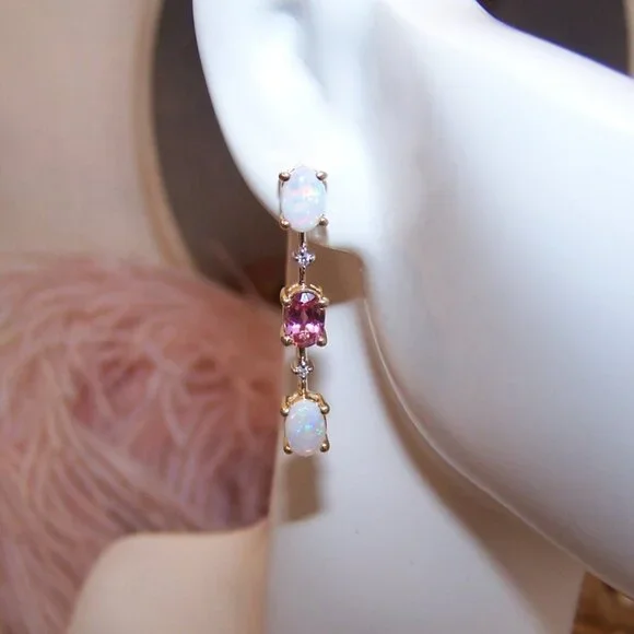14K Gold Opal Diamond and Pink Tourmaline Dangle Drop Earrings - Posts with Nuts - Picture 4 of 11